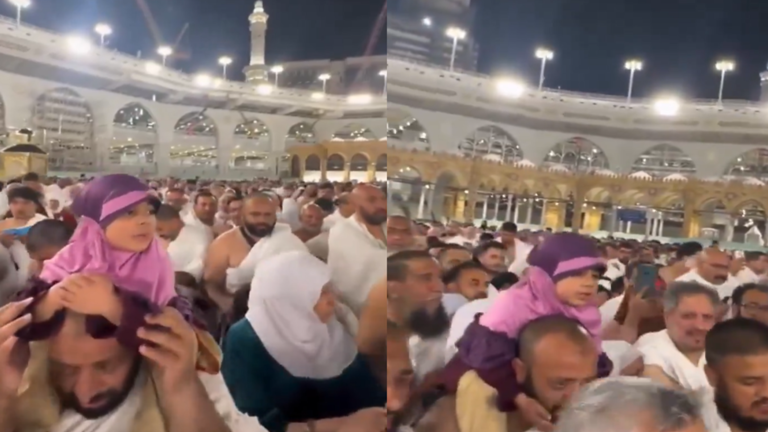 بالفيديو : حشد من الحجاح يردد الدعاء خلف طفلة على كتفي والدها في الحرم المكي 
